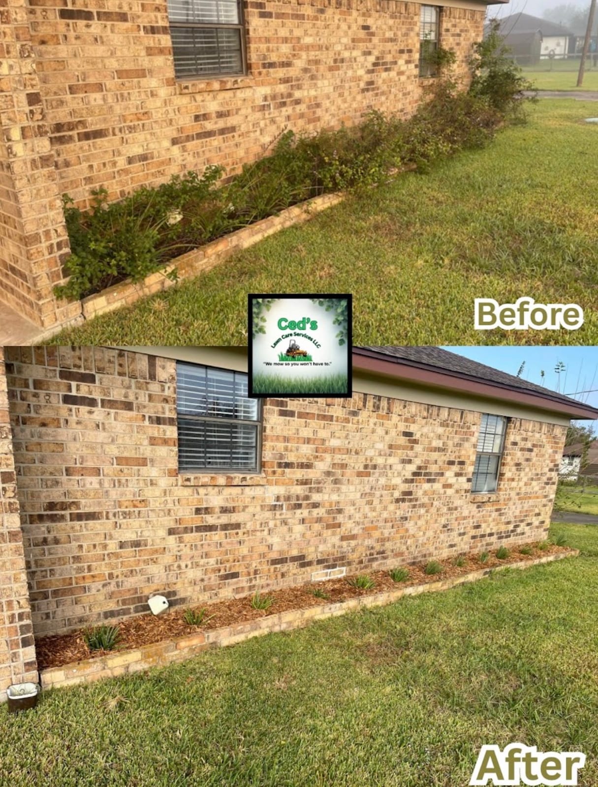 Before and after brick home flower bed cleanup and fresh mulch