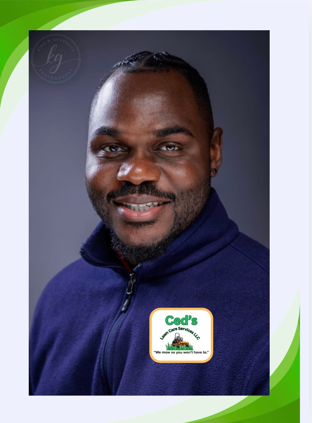 Portrait of the owner with Ced's Lawn Care Services branding
