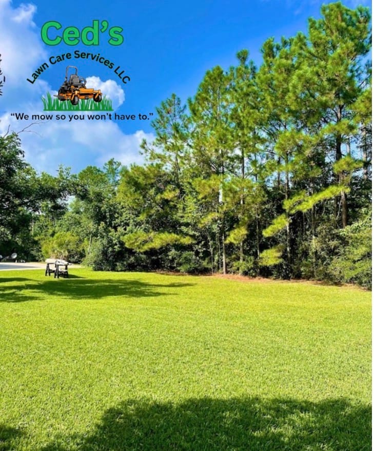 Bright open lawn with trees after mowing service