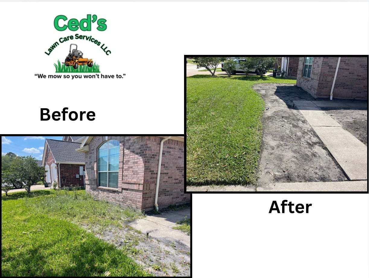 Before and after side yard cleanup collage for a brick home
