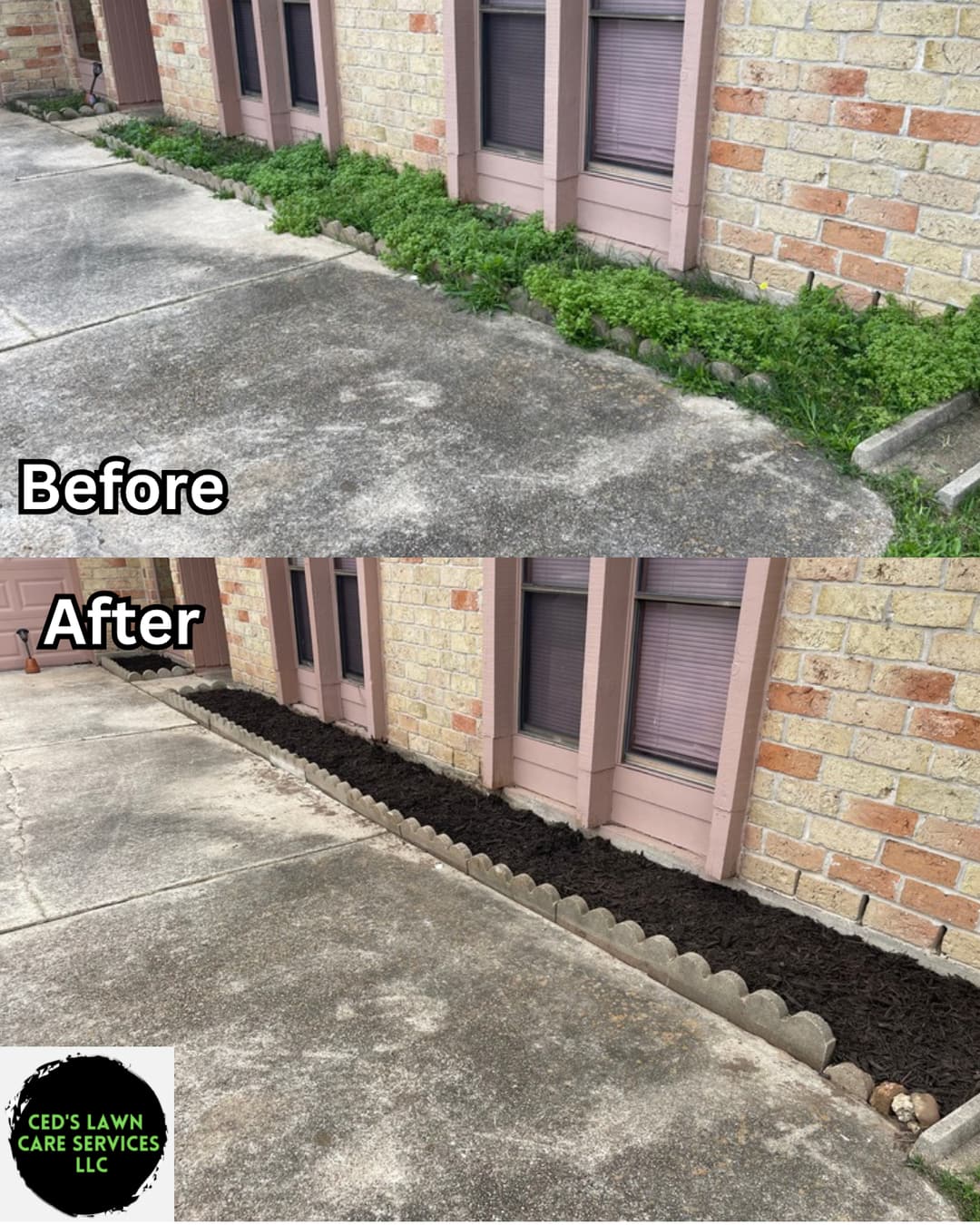Before and after mulch bed refresh project